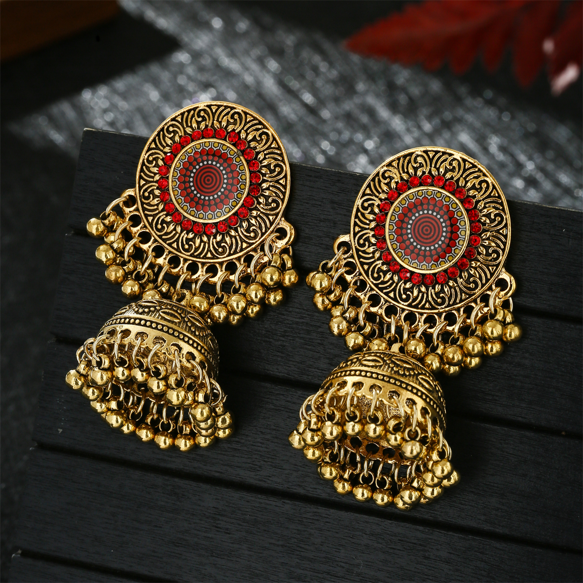 Ethnic Indian Fashion - Classic Ethnic Red Flower Jhumka Earrings